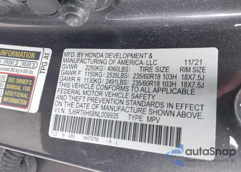 2022 Honda Cr-V Hybrid Ex из США, поврежденный, VIN 5J6RT6H58NL009935